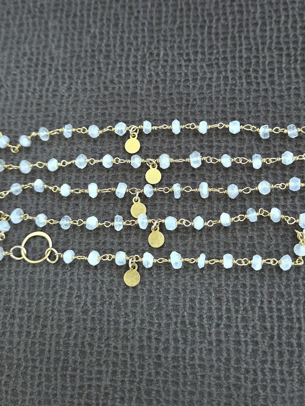 Long Necklace with Stationary Moonstone🌙 Beads and Brushed🖌 Gold💛 Paddles🏓 - Picture 4 of 16